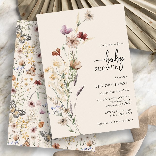 Inbjudan till Wildblomma Boho Blommigt Baby Shower (Boho Floral Wildflower Baby Shower Invitation with whimsical pattern on the back by Painted Paperie
)