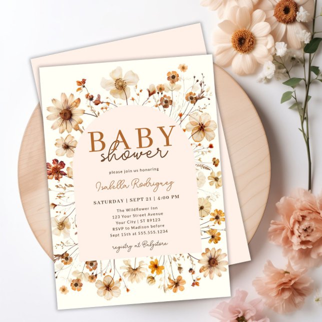 Inbjudan till Wildblomma Boho Blommigt Baby Shower (Wildflower Boho Floral Baby Shower Invitation)