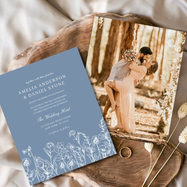 Inbjudan till Wildblomma Dusty Blue Photo Wedding (Skapare uppladdad)