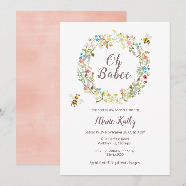 Inbjudan till Wildblomma och Bees Baby Shower (Fram/baksida)