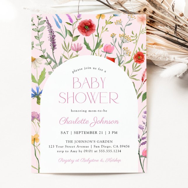 Inbjudan till Wildblomme Rosa Girl Baby Shower (Wildflower Pink Girl Baby Shower Invitation)