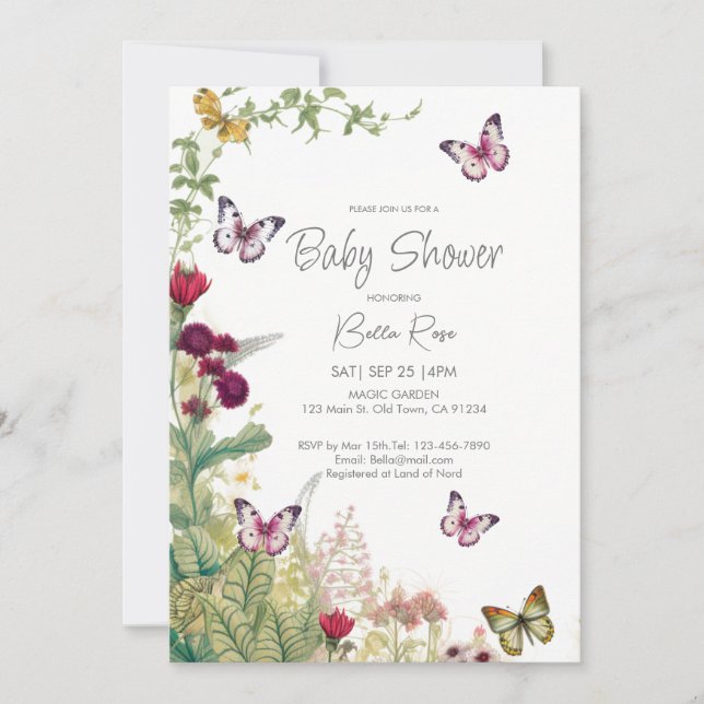 Inbjudan till Wildblommor Butterflies Baby Shower (Framsida)