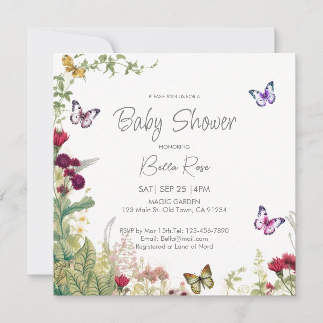 Inbjudan till Wildblommor Butterflies Baby Shower (Framsida)