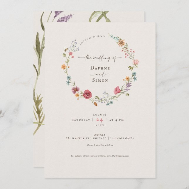 Inbjudan till Wildblommor Watercolor-skript (Fram/baksida)