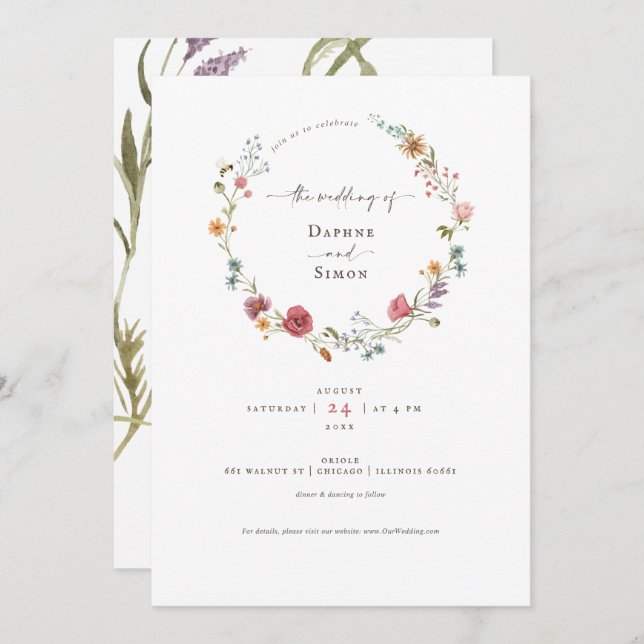 Inbjudan till Wildblommor Watercolor-skript (Fram/baksida)