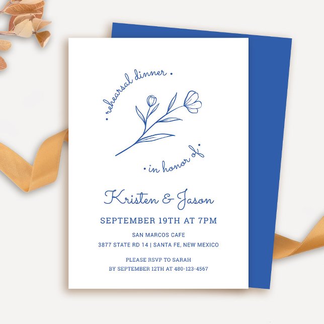 Inbjudan till Wildblomsal-middagen i Cobalt (Wildflower Rehearsal Dinner Invitation in Cobalt Blue)