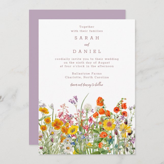 Inbjudan till Wildblomsbröllop - Flower Meadow (Fram/baksida)