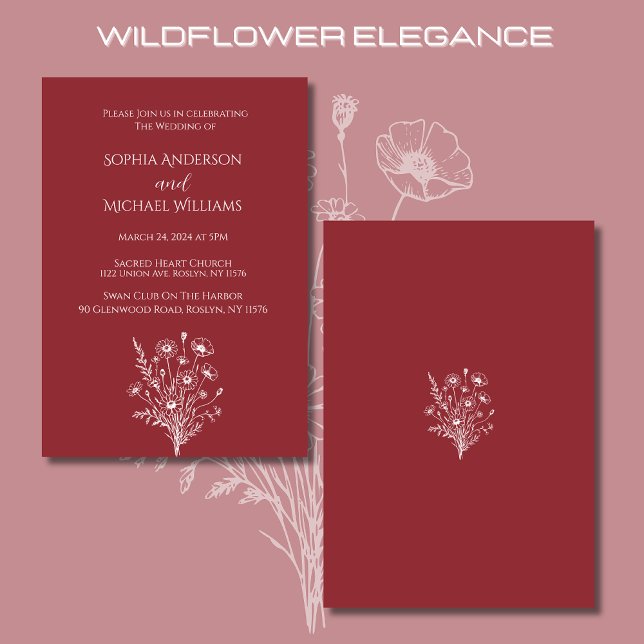 Inbjudan till Wildblomselegance Bröllop teme (Wildflower Elegance Wedding Invitations Vertical-Red-Rustic, Country, Bohemian, Elegant)