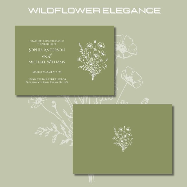 Inbjudan till Wildblomselegance Bröllop teme (Wildflower Elegance Wedding Fern Green Collection-Rustic, Country Bohemian)