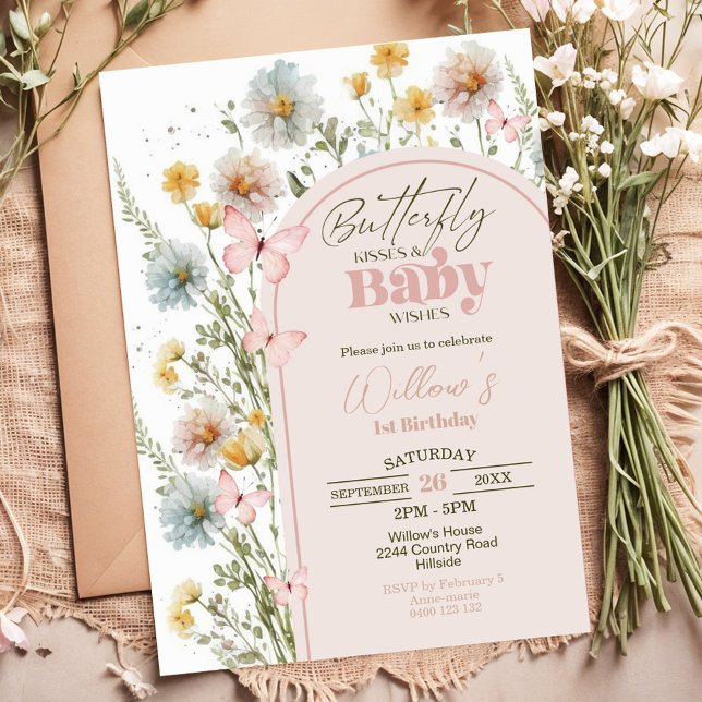 Inbjudan till Wildblomsterfjäril för babyskor (Butterfly Kisses and Baby Wishes Wildflower Butterfly Baby Shower Invitation)