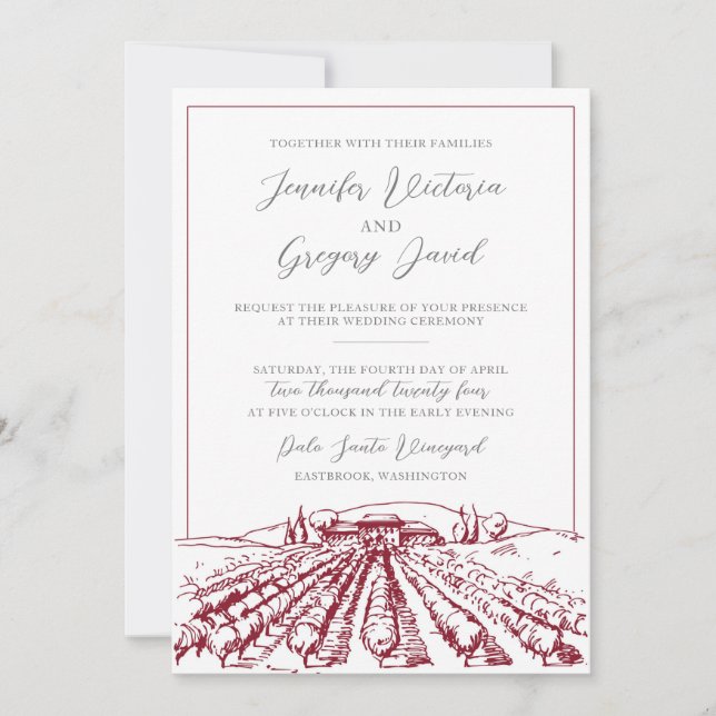 Inbjudan till Winery Wedding med Vineyard Teckning (Framsida)