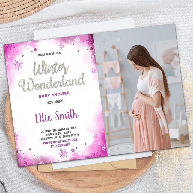 Inbjudan till Winter Baby Shower Rosa Cloud Photo (Winter Baby Shower Invitations Pink Cloud Photo)