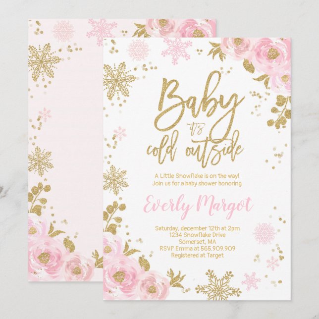 Inbjudan till Winter Baby Shower Rosa Guld Snowfla (Fram/baksida)
