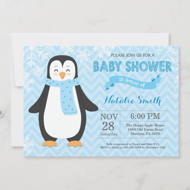 Inbjudan till Winter Blue Penguin Boy Baby Shower (Framsida)