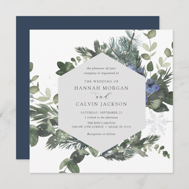 Inbjudan till Winter Evergreen Blue Wedding (Fram/baksida)
