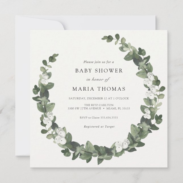 Inbjudan till Winter Evergreen White Baby Shower (Framsida)