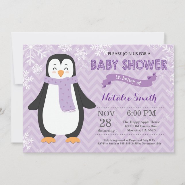 Inbjudan till Winter Lila Penguin Girl Baby Shower (Framsida)