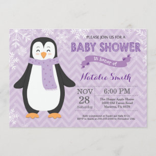 Inbjudan till Winter Lila Penguin Girl Baby Shower