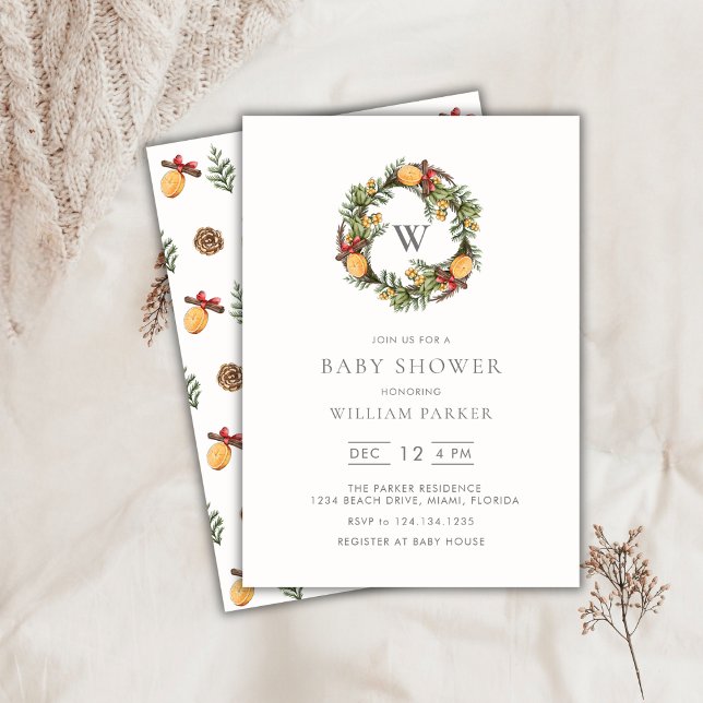 Inbjudan till Winter Monogram-utandningsbarn (Wint (Winter Monogram Wreath Baby Shower Invitation)