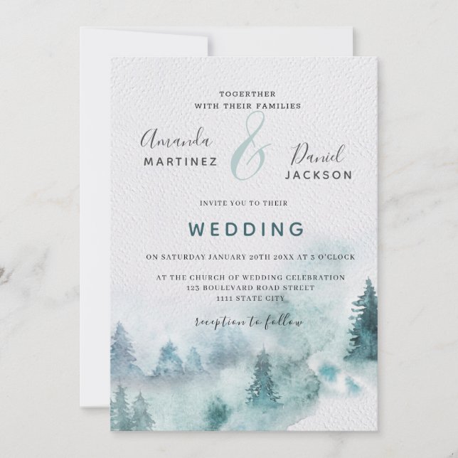 Inbjudan till Winter Mountain Forest Rustic Weddin (Framsida)