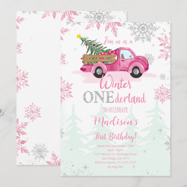 Inbjudan till Winter ONEderland Birthday (Fram/baksida)