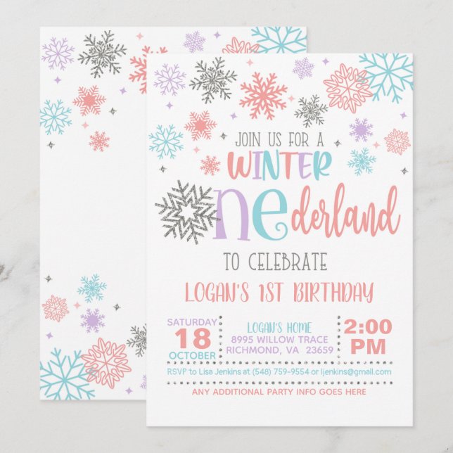 Inbjudan till Winter ONEderland Birthday - PPB - W (Fram/baksida)