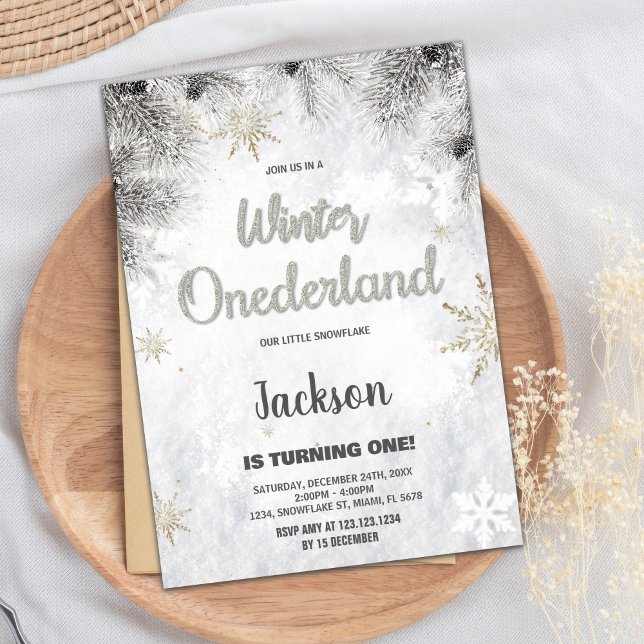 Inbjudan till Winter ONEderland Gräs Silver Glitte (Winter ONEderland Invitations Pine Silver Glitter)