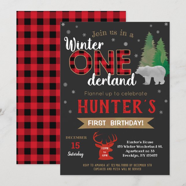 Inbjudan till Winter Onederland Lumberjack Birthda (Fram/baksida)