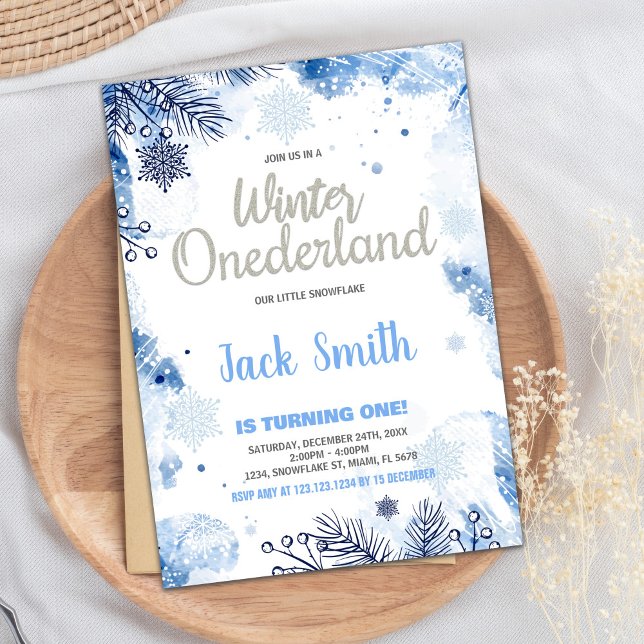 Inbjudan till Winter ONEderland Silver Glitter Blu (Winter ONEderland Invitations Silver Glitter Blue)
