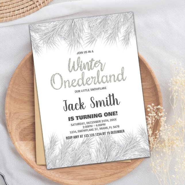 Inbjudan till Winter ONEderland Silver Glitter Grä (Winter ONEderland Invitations Silver Glitter Pine)