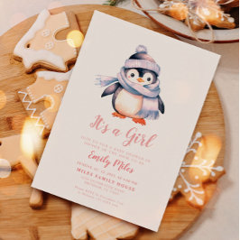 Inbjudan till Winter Penguin rosa Baby Shower