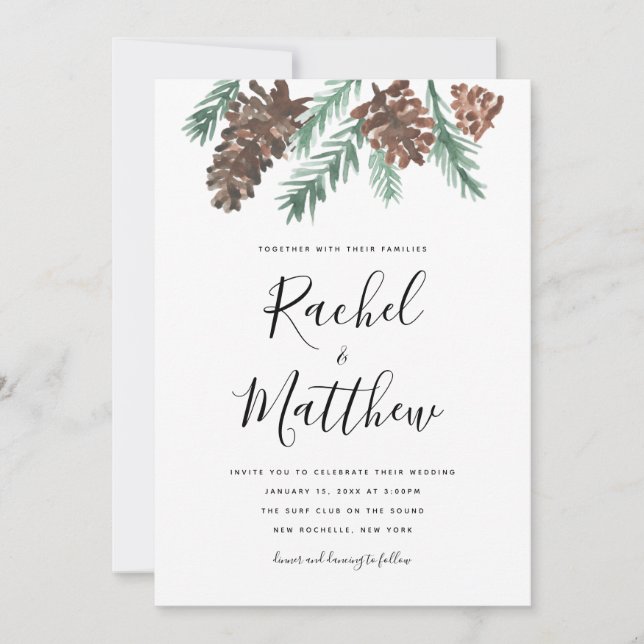 Inbjudan till Winter Pinecone Watercolor Wedding (Framsida)