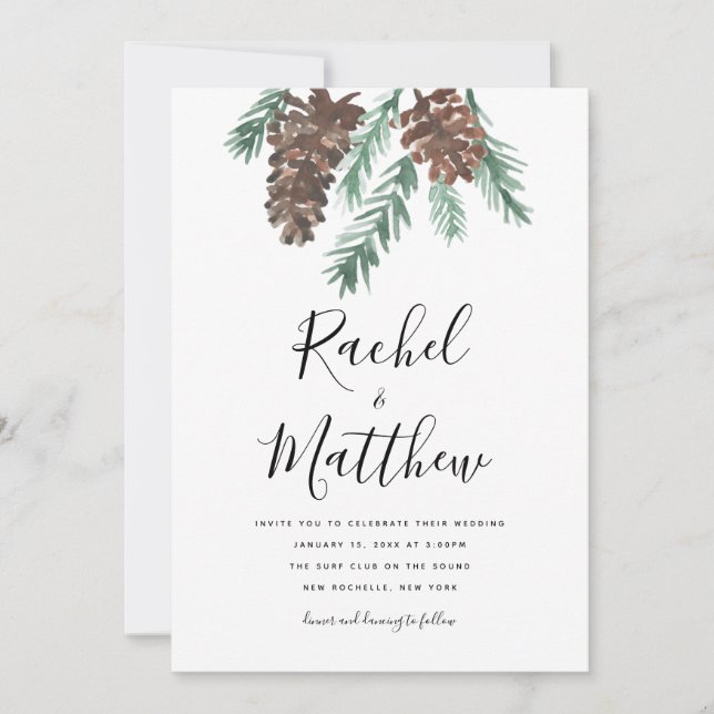 Inbjudan till Winter Pinecone Watercolor Wedding (Framsida)