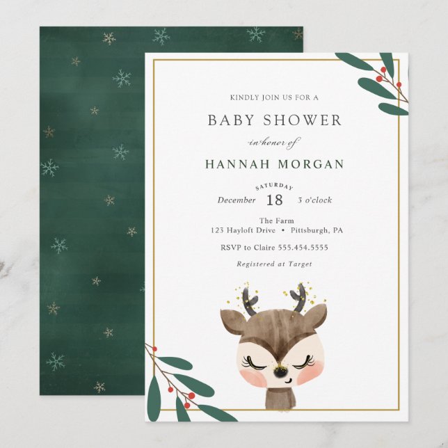 Inbjudan till Winter Reindeer Baby Shower (Fram/baksida)