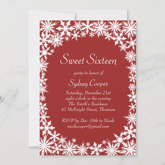 Inbjudan till Winter Snöre Sweet sixteen - röd (Framsida)