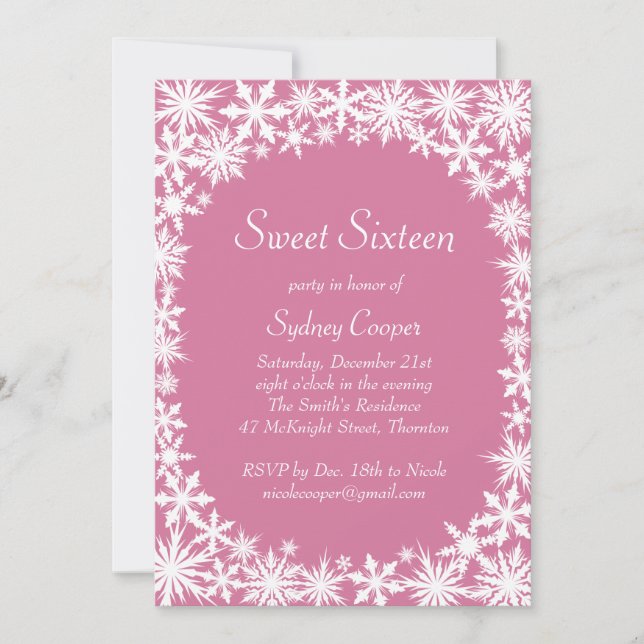 Inbjudan till Winter Snöre Sweet sixteen - rosa (Framsida)