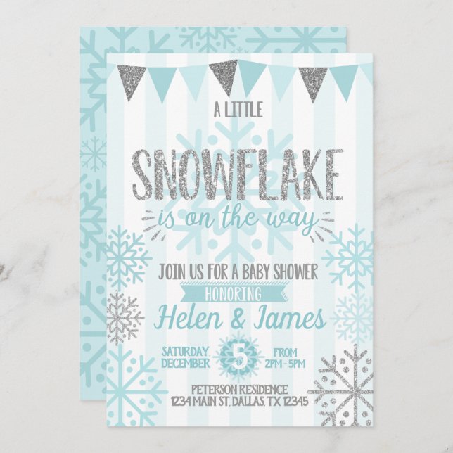 Inbjudan till Winter Snowflake Baby Shower Inbjuda (Fram/baksida)