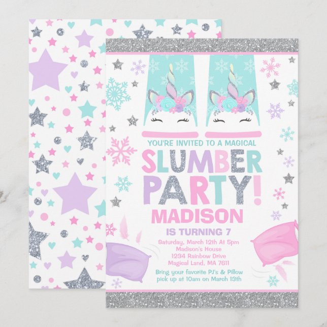 Inbjudan till Winter Unicorn Slumber Party (Fram/baksida)