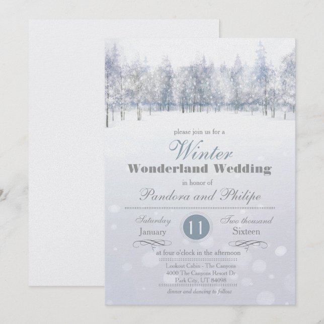 Inbjudan till Winter Wedding Snö Träd (Fram/baksida)
