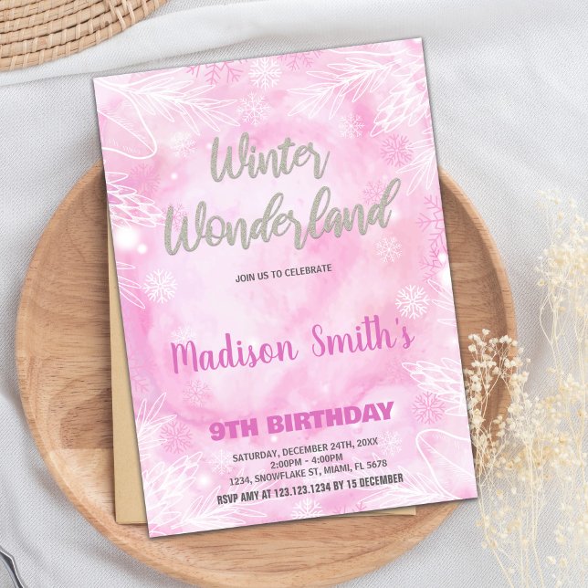 Inbjudan till Winter Wonderland Rosa Silver Glitte (Winter Wonderland Invitations Pink Silver Glitter)