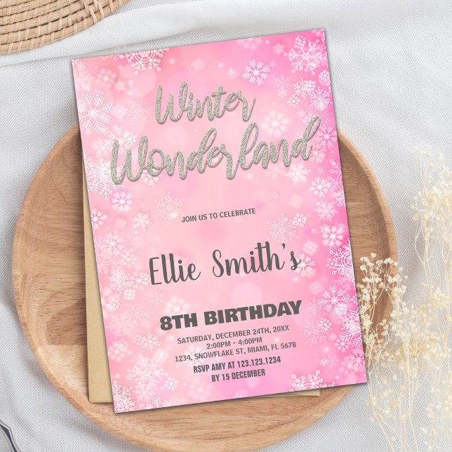 Inbjudan till Winter Wonderland Rosa Silver Glitte (Winter Wonderland Invitations Pink Silver Glitter)