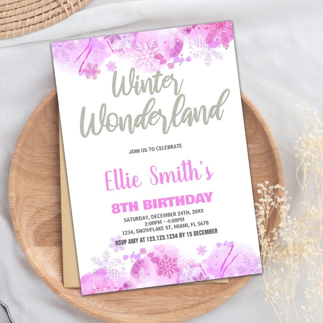 Inbjudan till Winter Wonderland Rosa Silver Snö (Winter Wonderland Invitations Pink Silver Snow)