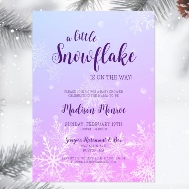 Inbjudan till Winter Wonderland Snowflake Baby Sho (A little snowflake is on the way Baby Shower Invitation, Winter Wonderland Invite, Purple Blue )