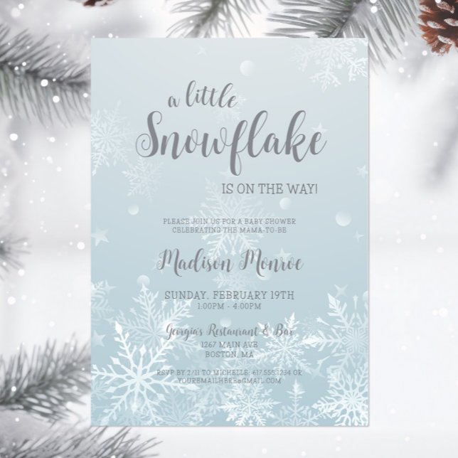 Inbjudan till Winter Wonderland Snowflake Baby Sho (A Little Snowflake is on the way Baby Shower Invitation, Blue Winter Wonderland Invite, Script)