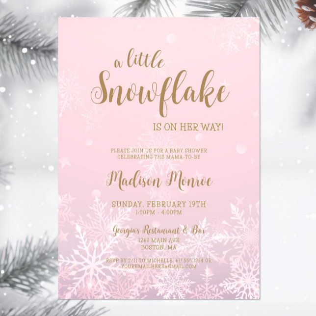 Inbjudan till Winter Wonderland Snowflake Baby Sho (A little snowflake is on her way Baby Shower Invitation, Winter Wonderland Invite, Pink Gold Script)