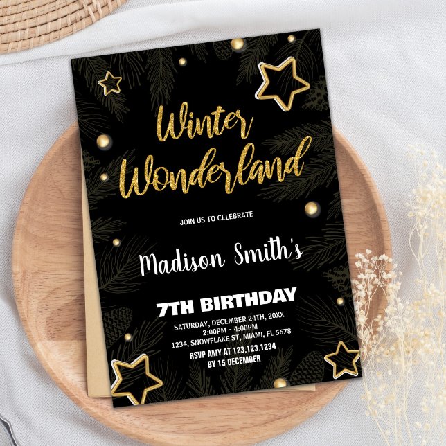 Inbjudan till Winter Wonderland Star Guld Black (Winter Wonderland Invitations Star Gold Black)