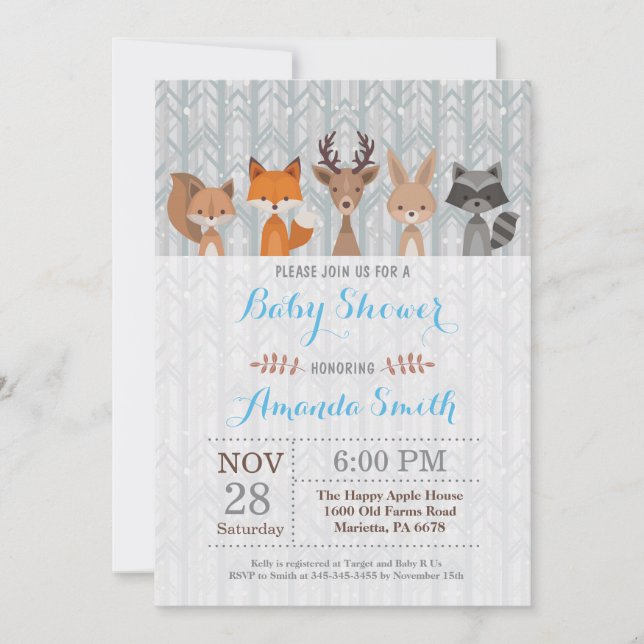 Inbjudan till Winter Woodland Animal Boy Baby Show (Framsida)