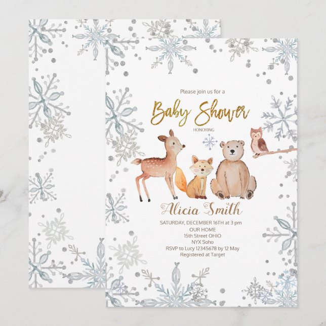 Inbjudan till Winter Woodland Silver Baby Shower (Fram/baksida)