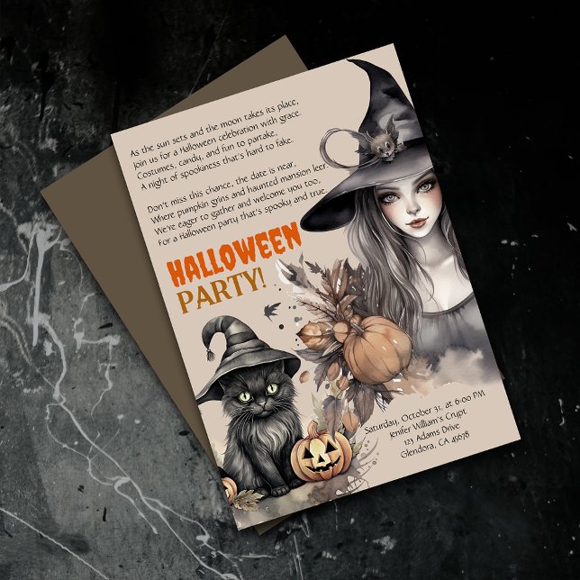 Inbjudan till Witch Black Cat Halloween fest Dikt (Elevate your upcoming event with uniquely designed Halloween invitations featuring a spooky poem!)