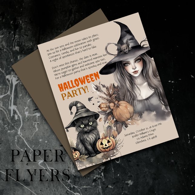 Inbjudan till Witch Black Cat Halloween fest Dikt Flygblad (Inexpensive and ideal Halloween invitations, perfect for inviting guests to your party.)